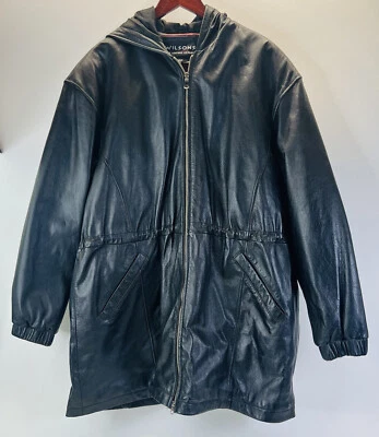 Chaqueta de cuero forrada acolchada con capucha Wilson 1986 vintage cintura ceñida 1X Foto 1 de 4