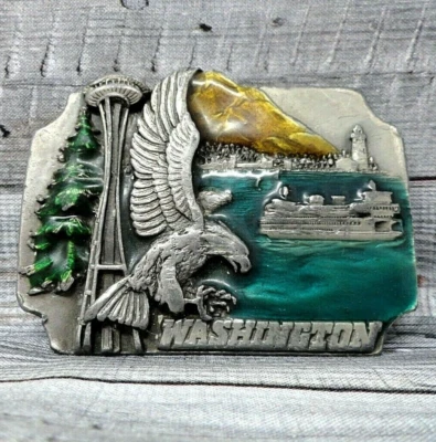 Пряжка для ремня штата Вашингтон орел океанские деревья корабль винтаж 80-е Siskiyou .XTT301 - Изображение 1 из 4