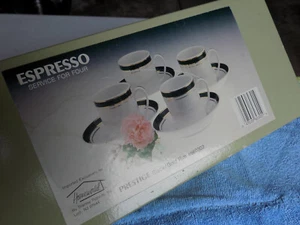 Crown Porcelain Prestige Brown/Gold Rim Espresso 4 Cups+Saucers Fast Ship - Picture 1 of 5