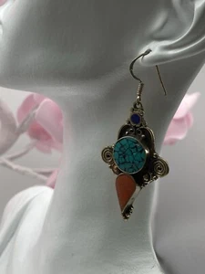Vintage Silver 925 Earrings Dangle Drop Coral Turquoise Lapis Lazuli 23.61g - Picture 1 of 7
