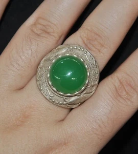China Dynasty palace Tibetan silver inlay green Gem fengshui fish Jewelry Ring - Picture 1 of 4