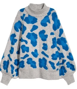 H&M Women Gray Blue Wool Sweater Leopard Cheetah Large Oversized Puff Sleeve - Picture 1 of 11