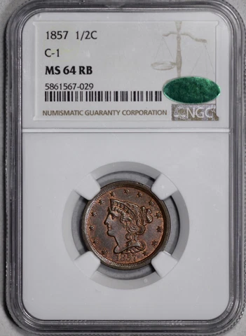 1857 Braided Hair Half Cent NGC MS 64 RB Red Brown C-1 CAC Approved Cover