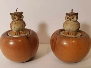 Pair of Owls candles and wooden holders - Picture 1 of 6