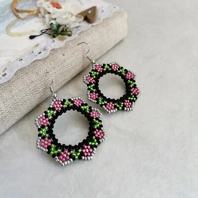 Christmas wreath earrings Pink flower seed bead dangle hoop earrings Handmade  - image 1 of 4
