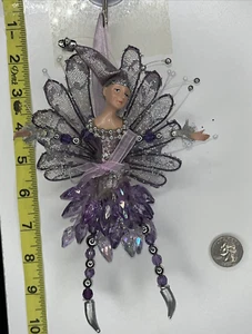 Victorian Sparkling Fairy Glitter Wings Ribbon Beads Christmas Ornament Purple - Picture 1 of 7