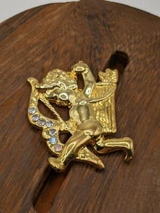 Vintage Cupid Cherub With Bow Gold Tone Rhinestone Brooch Pin - Picture 1 of 6