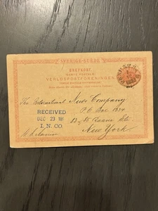 Antike schwedische Postkarte Brefkort 1893 Nordin & Josephson Stockholm nach New York - Bild 1 von 3