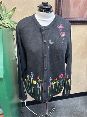 ￼ The Quacker Factory Cardigan Sweater Black 2X Flowers - Image 1 of 4
