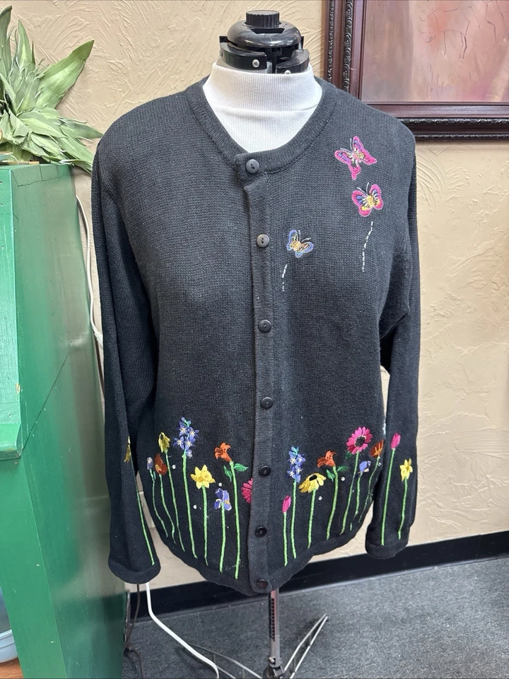 ￼ The Quacker Factory Cardigan Sweater Black 2X Flowers - Image 1 of 4
