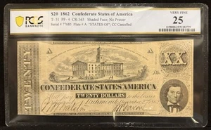 1862 T-51 $20 Confederate States Civil War Banknote PCGS 25 Very Fine - Picture 1 of 2