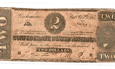 $2 (CONFEDERATE NOTE) "1800'S" (RICHMOND) $2 (CONFEDERATE NOTE) "NICE NOTE"!!!!! - Image 1 of 3