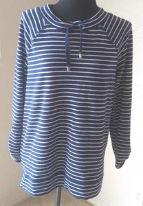 CHICOS SIZE SMALL (0) BLUE & WHITE STRIPED TOP WITH DRAWSTRING NECKLINE BN247 - Picture 1 of 4