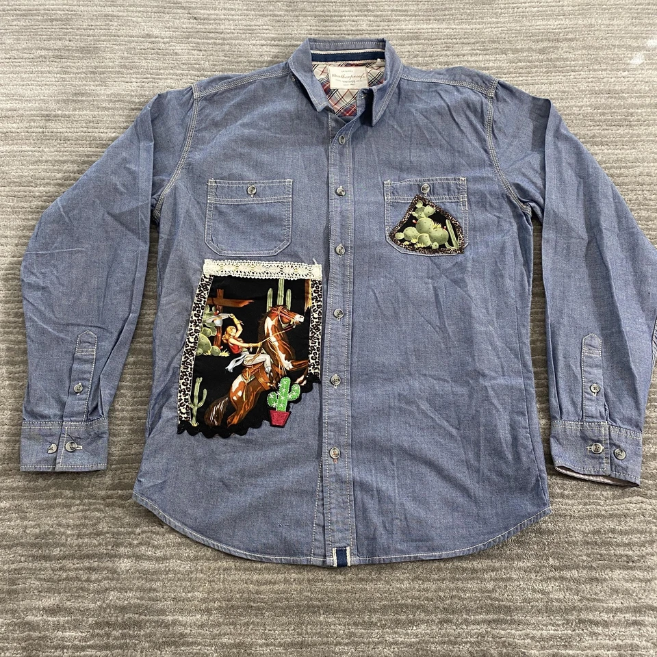 Weatherproof Vintage Shirt Mens Large Blue Chambray Western Cowgirl Patchwork - Image 1 of 4