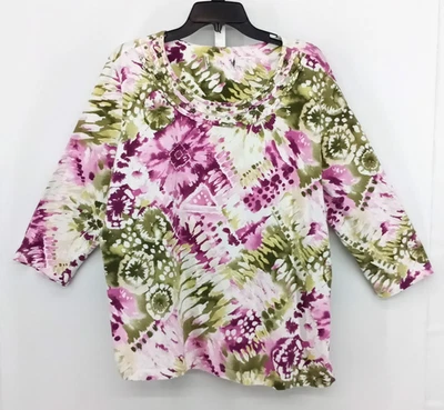 Women Shirt Plus Size 2XL White Colorful Floral 3/4 Sleeve Beaded Round Neck Top - Image 1 of 4