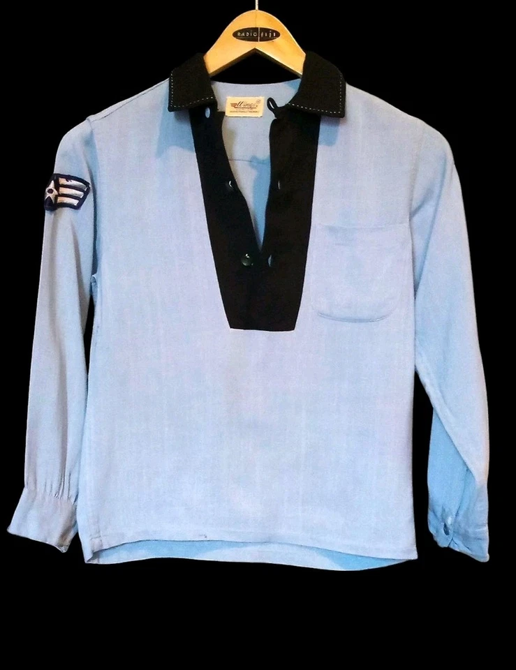 VTG 50s Wings Jr 2 Tone BOYS PULLOVER STYLE Loop Button SHIRT Military Patches  - Image 1 of 4