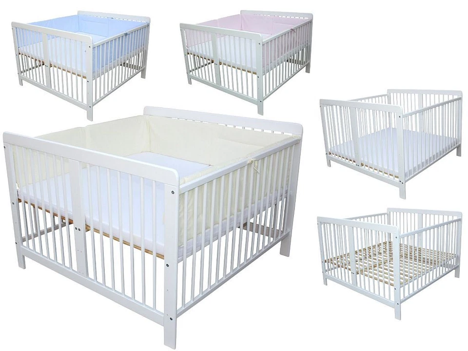 BABY LUCA Zwillingsbett Kinderbett für Zwillinge massiv weiss mit 2 Matratzen und Nestchen