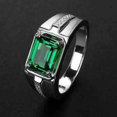 Anillo de boda para hombre enchapado en oro blanco de 14 quilates con esmeralda verde creado corte esmeralda de 3 quilates Foto 1 de 4