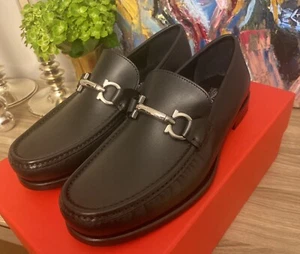 Salvatore Ferragamo ROLO Black Leather Mens Loafers 6.5EEE GANCINI Buckle NEW - Picture 1 of 9
