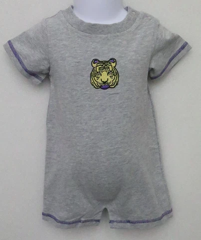 LSU TIGERS ONE PIECE GRAY SHORTS INFANT ROMPER PURPLE TIGER ONE PIECE OUTFIT NEW Cover