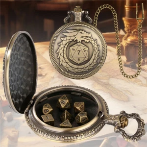 7-teiliges Metall Polyeder DND Mini Würfel Set in einer Drachen Taschenuhr Tragbares Gehäuse - Bild 1 von 12