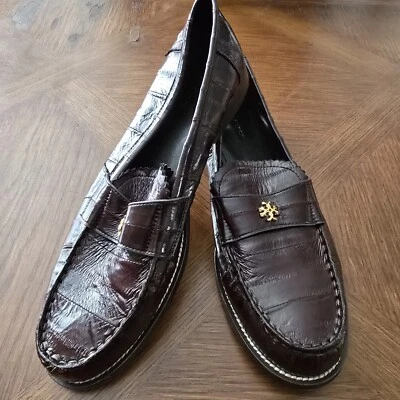 Zapatos Mocasines Tory Burch Talla 9 1/2 M Cuero Marrón Repujado Cocodrilo. Foto 1 de 4