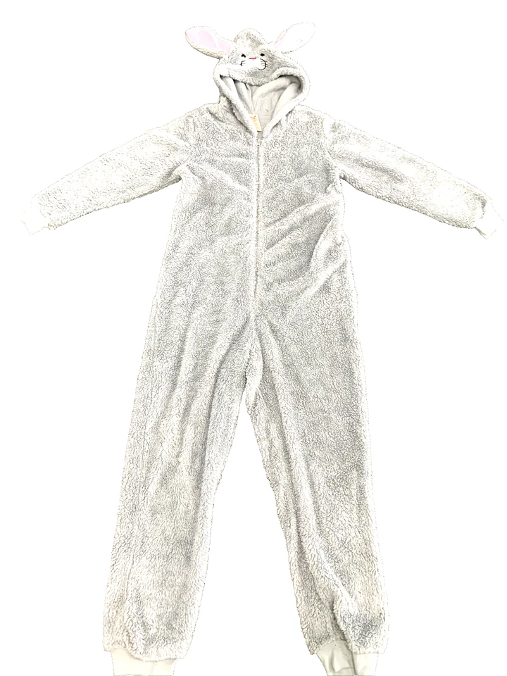 Pijama gris con capucha de conejo de Pascua sin patas orejas de conejo de felpa 1 pieza L/G 12-14 Foto 1 de 4
