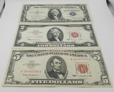 3 Note Lot $1 (1935E Silver Cert), $2 (1963A Red Seal) & $5 (1963 Red Seal) #791 - Image 1 of 4