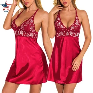Women Sexy Lingerie Satin Dresse Sleepwear V-neck Babydoll Clothes Silk Chemise - Picture 1 of 15
