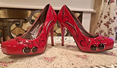 Tacones altos a rayas Rockabilly/Pinup negro cereza Stiletto talla 7,5 Foto 1 de 4