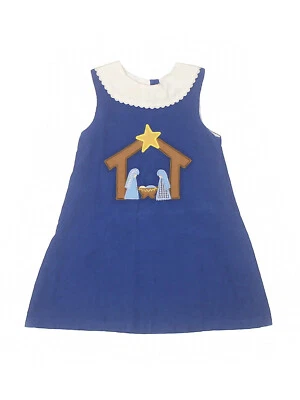 Girl Lil Cactus Blue Nativity Scene Dress Blue Corduroy Ric Rac Collar Size 5 5Y - Image 1 of 2