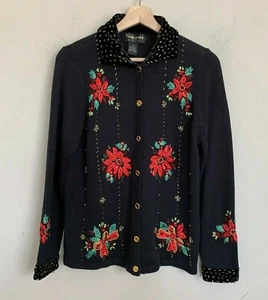 Theme Works by Kikit Cardigan Christmas Black Sequin Red Poinsettias Size PM - Picture 1 of 8