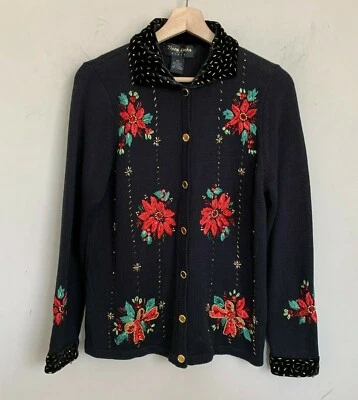 Theme Works by Kikit Cardigan Christmas Black Sequin Red Poinsettias Size PM - Image 1 of 4
