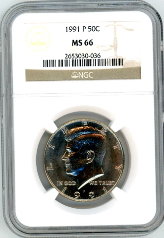 Lustrous 1991-P  Kennedy 50c NGC  **MS66** UNTONED, SPOT FREE Cover