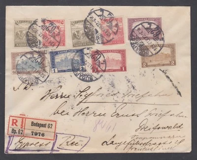 Hungary Sc 118/337 on 1921 REGISTERED inflation era cover, 9 stamp franking,  - Image 1 of 2