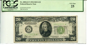 Fr 2054-G* STAR 1934 $20 Federal Reserve 25 VERY FINE - LIGHT GREEN SEAL - Picture 1 of 2