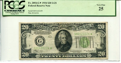 Fr 2054-G* STAR 1934 $20 Federal Reserve 25 VERY FINE - LIGHT GREEN SEAL - Image 1 of 2