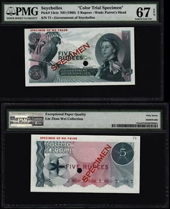 SEYCHELLES 5 RUPEES (P14sct) SPECIMEN COLOUR TRIAL PMG SUPERB GEM UNC 67EPQ - Picture 1 of 1