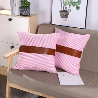 Juego de 2 fundas de almohada de cuero sintético a rayas de 18x18 pulgadas de granja Foto 1 de 4