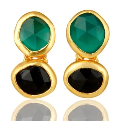 Double Stone Stud Earring - Onyx Healing Jewelry - Green and Black Stone Earring - Image 1 of 4