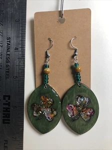 Lucky Earrings, Wooden Clover, Shamrock, Green , Very Lightweight , Hook Dangle - Picture 1 of 3