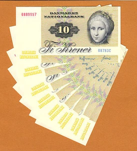 Denmark 8 Consecutive 10 Kroner 1978 Prefix B8 Pick-48h UNC - Picture 1 of 2