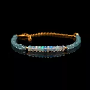 A++ Fire Opal & Aquamarine 2 Multi Faceted Rondelle Gemstone Beads Bracelet 6-8" - Picture 1 of 10