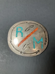 Indianer Sterling Silber Türkis und Koralle Brosche * R.M. Initialen - Bild 1 von 9