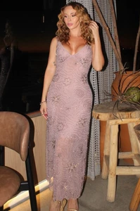 Zara Midi Semi Sheer Sequinned Beaded Midi Dress Light Pink S M L 4813/335 New - Picture 1 of 24