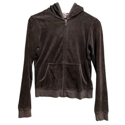 Juicy Couture Marrón Terciopelo Sudadera con Capucha Cremallera Chaqueta L Floral Espalda Logo Y2K Foto 1 de 4