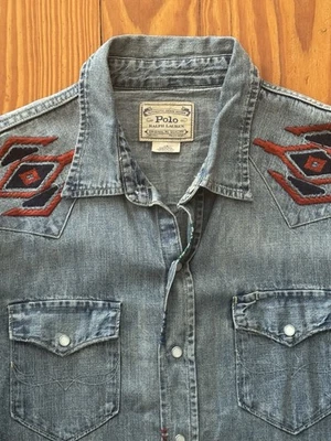 Ralph Lauren Polo Denim Patchwork Aztec Sportsman Embroidered Western Shirt L - Image 1 of 4