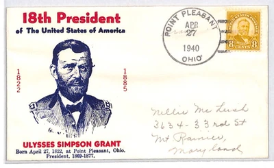 USA Prexie 8c ULYSSES GRANT Illustrated BIRTHDAY Cover 1940 Point Pleasant XU248 - Image 1 of 4