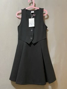 NWT ZARA Girls Sleeveless Buttoned Pleated Knit Pinafore Short Dress SZ 9 Black - Picture 1 of 16