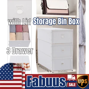 3 Drawer Storage Bin Box with Lid Stackable Plastic Cube Organizer Containers - Picture 1 of 22